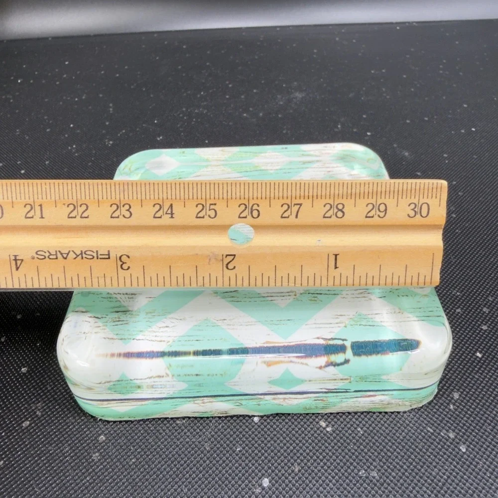 Mint Green Chevron‎ Glass Trinket Dish Square Decorative Jewelry Paperweight VTG